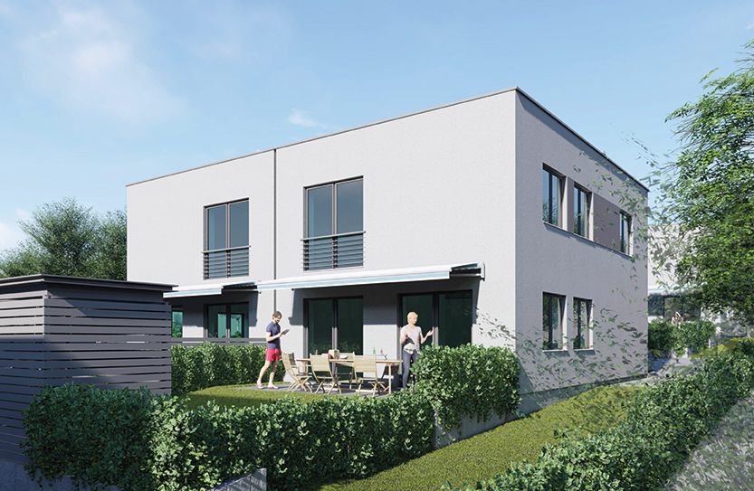 Die Visualisierung eines Doppelhauses des Bauprojekts Aldingen-Winzingen zeigt, wie die fertige Neubau-Immobilie sich später in die grüne Umgebung einfügt